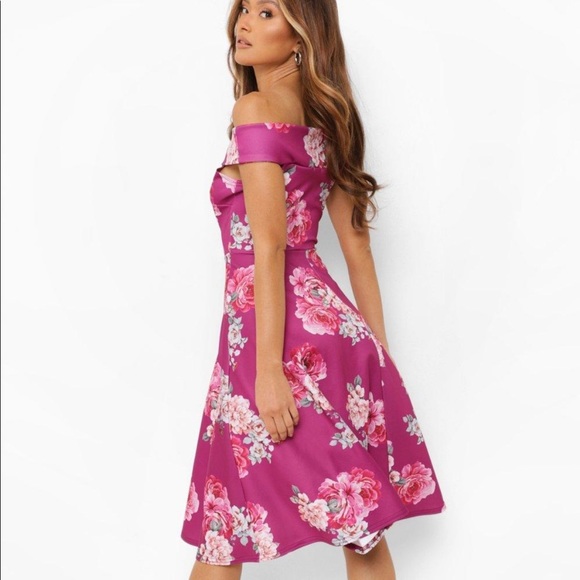 SCUBA FLORAL OFF THE SHOULDER MIDI SKATER DRESS, size 10 - Picture 2 of 5